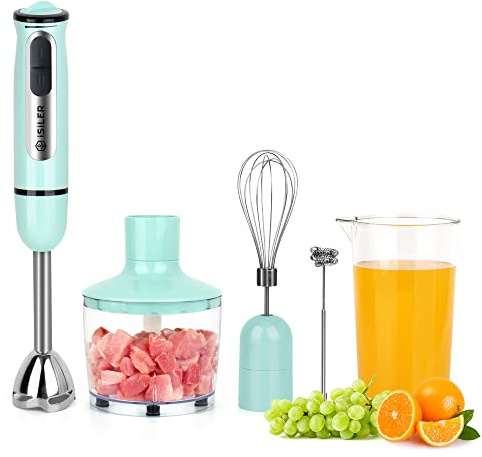 Immersion Hand Blender, ISILER 5-in-1 500-Watt Multi-Purpose Stick Blender with 860ml Food Chopper, 600ml Container, Milk Frother, Egg Whisk, 8-Speed for Puree Infant Food Smoothies Soups