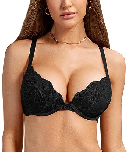 DOBREVA Women's Push Up Lace Bra Sexy Plunge Padded Underwire Support Bras Lift Up Black 32DD