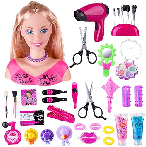 Uposao 35Pcs Trucco E Parrucco Per Bambina, Girls Hair Styling Dream Girl Dolls Head Play Set, Trucco Per Bambini Pretend Playset Styling Head Doll Acconciatura Giocattolo Con Asciugacapelli