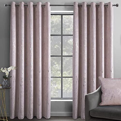 Sleepdown Marble Effect Velvet Blackout Thermal Insulated Eyelet Curtains for Bedroom and Living Room - 46x72 - Blush Pink - 2 Panels,5056242896302