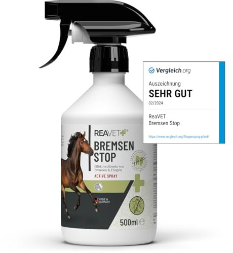 TESTURTEIL SEHR GUT ReaVET Bremsen Stop **TESTSIEGER** Fliegenspray Pferde 500ml mit pflegender AloeVera, Insektenspray mit Sofortschutz & Pferdepflege, Bremsenspray Bremsenblocker gegen Fliegen