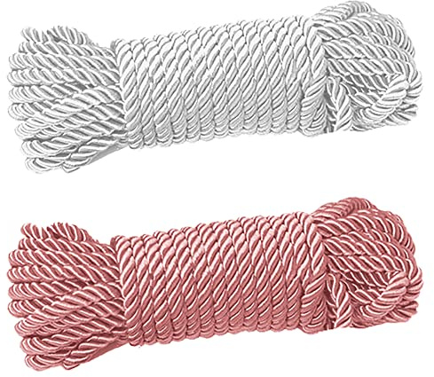 2 Pack All Purpose 32 feet 8mm(1/3inch) Diameter Soft Silk Rope Solid Braided Twisted Ropes,10m Durable and Strong All Purpose Twine Cord Rope String Thread Cord (White Pink)