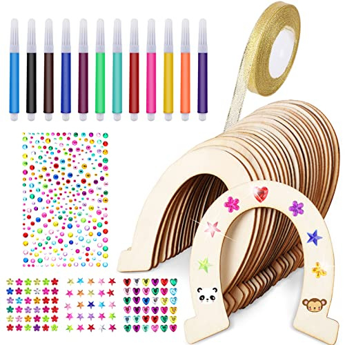 Weysoo 41 Stück Hufeisen Holz Kindergeburtstag Party Holzscheiben Hufeisenform Unvollendete Holzausschnitte Basteln mit Aquarellstift/Glitzerband/Aufkleber für DIY-Dekoration