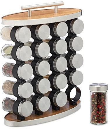 Relaxdays Gewürzständer inkl. 20 Gewürzdosen, mit Streueinsatz, tragbar, nachfüllbares Gewürzregal, silber/transparent