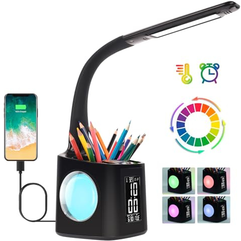 wanjiaone LED Desk Lamp with Clock,Color Changing Nightlight,Study Lamp with Pen Holder,Desk Light with USB Charger,Table Light for Home,Office,Gift for Kids,Students,Women,Black