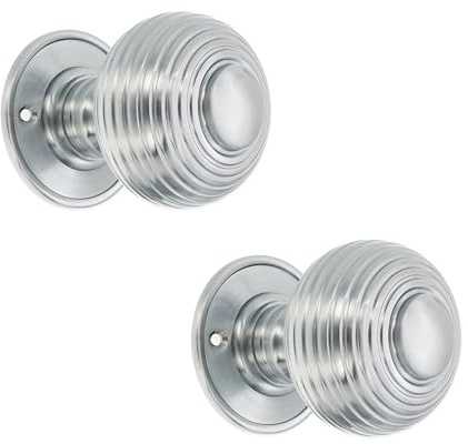 Infinity Decor Pair of Solid Brass Beehive Mortice Door Knobs in Satin Chrome Finish 60mm Round Pull Passage Handles Set - Ideal for Internal and External Doors