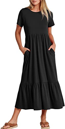 KOEMCY Vestido Mujer Manga Corta Falda Larga T-Shirt Cuello Redondo Blusa Verano para Mujer Vestidos con Bolsillos Vestido de Playa (Negro,XXL)