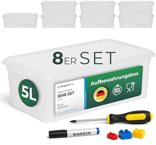 Novaliv 8x Aufbewahrungsboxen mit Deckel 5L transparente Boxen stapelbare Nestbar Storage boxes mit Clipverschluss Kunststoff BPA-frei 34x19x11 cm