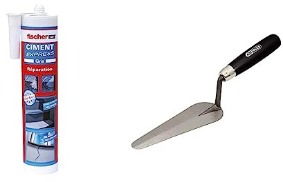 fischer - Ciment Express gris prêt à l'emploi - 1 cartouche de 310ml & Truelle Langue de Chat - Truelle avec Lame en Acier et Manche en Bois - 140 mm - KS TOOLS 144.0132
