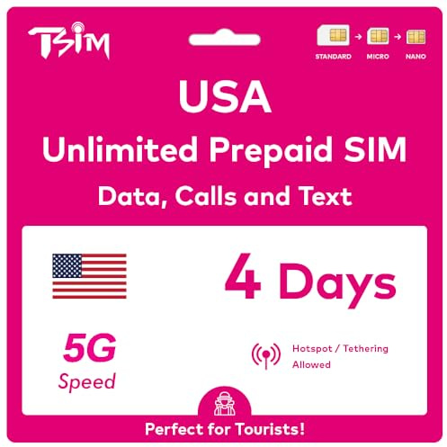 USA SIM-Karte für Reisen in die USA PrePaid. T-Mobilfunknetz mit unbegrenzten Daten, Anrufen und SMS. Neue verbesserte 5G-SIM-Karte! (4 Tage)