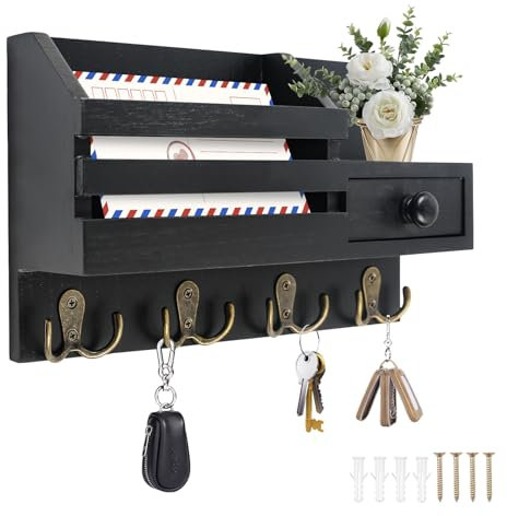 MaxEarn Wooden Key Holder with 4 Double Hooks, Decorative Key Hook Wall Mounted, Wall Organizer Shelf for Letter Storage, Key Rack for Home Hallway (Black)