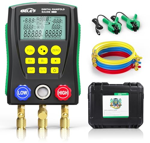 Manómetro Digital para Aire Acondicionado Kit HVAC con Base Datos 93 Refrigerantes, 150cm Mangueras de Refrigerante y Clips de Temperatura para Mantenimiento de Aires Acondicionados y Frigoríficos