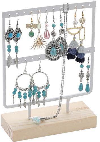 SUNNYCLUE Kleiner Ohrring-Präsentationsständer, 21,1 cm, 2 Etagen, 24 Löcher, massiver Holzsockel, Schmuck-Organizer