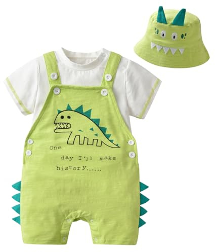 Volunboy Completi Estivi Bambino, Unisex Set di 3 Maglietta a Maniche Corte e Salopette Dinosauro con Cappelli Carino Abito Neonato Tuta