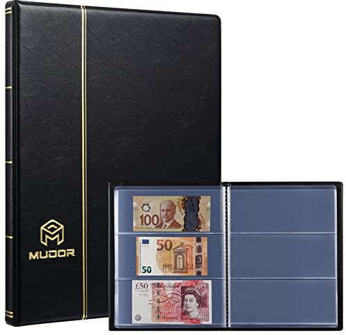 MUROAD Currency Album, 20 Sheets Clear Currency Sleeves, 60 Pockets Currency Holder for Bills, Currency Album Fits Euro Currency And Currency Foreign (Transparent Page)