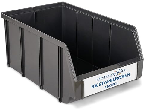 Stapelboxen der Größe L 335x209x152mm für dein Kleinteilelager, Sortierkisten in 5 Farben, Zubehör wie Deckel Trennsteg Beschriftungsfach Wandschiene (Grau-Anthrazit, 8 Stück)