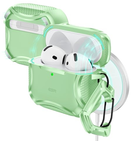 ESR Funda para AirPods 4 (2024), Compatible con MagSafe, Tapa Magnética | Compatible con AirPods 4 (2024), Compatible con MagSafe, Protección contra Caídas, Tapa Magnética, Serie Cyber, Verde Claro