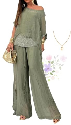 ZPLMIDE 2024 Sommer-Chiffon-Pailletten, lässiger Anzug für Damen, elegante Chiffon-Hose mit weitem Bein, zweiteiliges Set, Hosenanzüge für Damen, Hochzeit, grün, 3XL