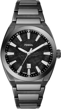 FOSSIL Orologio Everett da uomo, Movimento al quarzo con data a tre lancette e cinturino in pelle o acciaio inossidabile, 42 mm, Grigio scuro