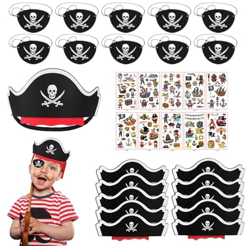 TaoLiMuTX Piraten Deko Kindergeburtstag Set, 30 Stück, Black with multicolored elements, Cartoon, Kostüm, Piratenhut, Augenklappe, Tattoos
