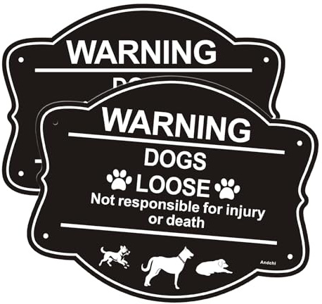 Andchi 2pcs Dog Signs Safety Signs Yard Sign Dogs Loose in Yard Sign for Door Gate, Alu Signage (Black, 246*196mm)