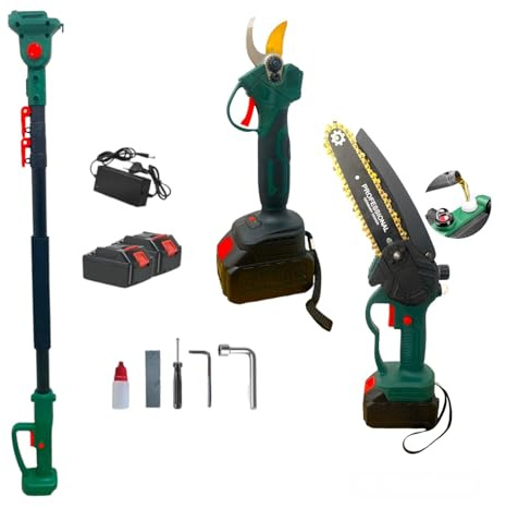 Kit da Potatura 3 in 1 Motosega a Batteria 6 Lubrificazione Olio Automatica + Forbice Cesoia a Batteria + Asta Telescopica 148-248cm Doppia Batteria 68V per Potatura Giardino Rami Arbusti Vigneto