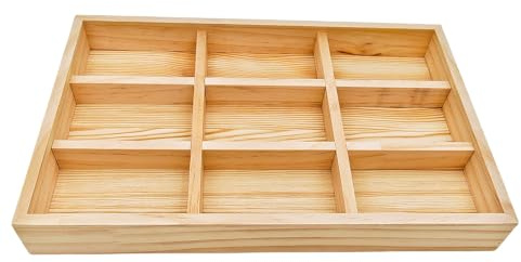 Anktily Unbehandelte Holz-Aufbewahrungs-Trennbox mit 9 Fächern, Präsentationsbox, Unterwäsche-Aufbewahrungsbox, Holz-Präsentationstablett für Schmuck, Sammlerstücke