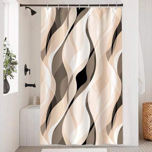 Uiiooazy Cortina de ducha antimoho, cortina de ducha 120 x 200 cm, crema a rayas naranja claro marrón, banda cortinas de baño tela lavable impermeable poliéster cortinas para bañera con 8 anillos