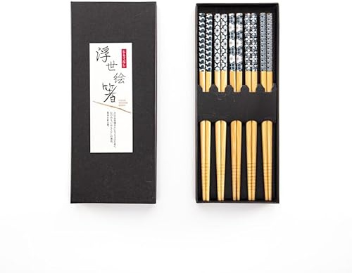 Set med ätpinnar i bambu, 5 par snygga japanska träätpinnar i svart låda – perfekta återanvändbara matlagnings- och middagsgåvor för anime-fans och nybörjare (blå och vit)