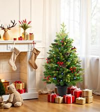 Alupssuc 3FT Artificial Pre-Lit Mini Porch Christmas Tree with 40 Built-In Multi Color Led Lights,12 Lighting Modes,Nature Looking With Pine Cones & Berries