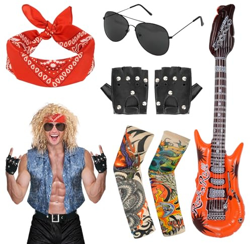 JRJRN 7PCS Punk Gothic Rocker Costume Set, Kids Punk Rockstar Accessories, Disco Rock Star Fancy Dress, Inflatable Guitar,Gloves, Glasses & More for Theme Party Carnival Party Halloween