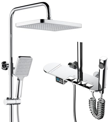 GODFSAHG Sistema de Ducha termostático, Ducha de Lluvia Cuadrada de 30 x 20 cm, Pantalla Digital LED, Grifo de Ducha Completo con Teclas de Piano, Grifo de baño de Mano, Pistola rociadora,