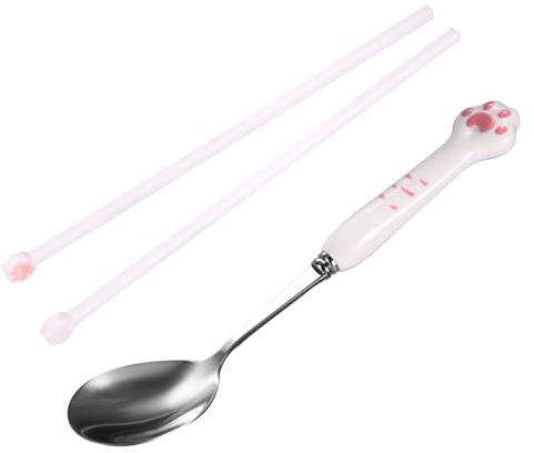 Lyreh Juego Palillos y Cucharas con Forma Pata Gato, Reutilizables Antideslizantes de Acero Inoxidable con Forma Gato Plástico Regalo Divertido para Amantes de los Gatos Novias y Niños