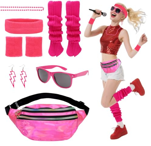 CHRI 80er 90er Jahre Outfit Damen Party Set, 7 Stück Neon Accessoires, Retro Sport Kleidung Accessoires für Karneval (Rosa)