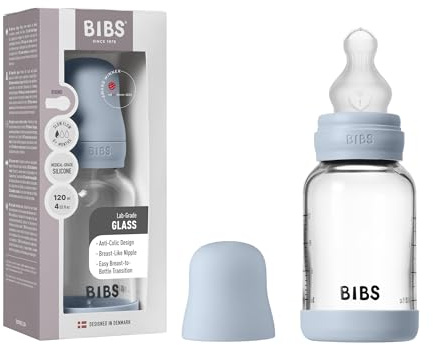 BIBS Baby Glass Bottle. 120ml Biberon en verre. Anti-colique. Embout rond en Silicone Favorise l’allaitement naturel, 120ml, Complete Set - Baby Blue