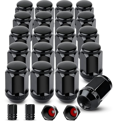 20pcs 1/2-20 Lug Nuts & 4 Valve Caps, Closed End Lug Nuts Galvanized Plated Replacement for 1987-2018 Jeep Wrangler, 2002-2012 Jeep Liberty, 1993-2010 Jeep Grand Cherokee, Aftermarket Wheel（Black）