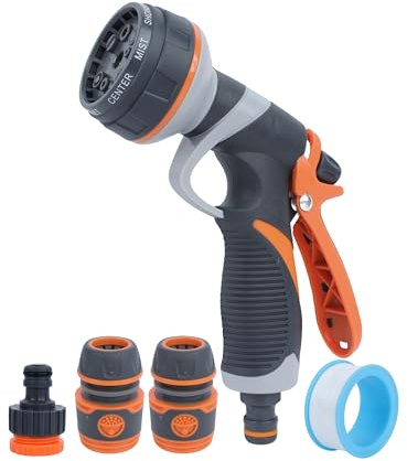 Itingy Hose Pipe Spray Gun, Garden Hose Nozzles 8 Adjustable Patterns, Leak-Proof Anti-Slip Garden Hose Gun with Hook and Adapters for Plants Watering, Car Washing, Home Cleaning and Pet Bathing-Black