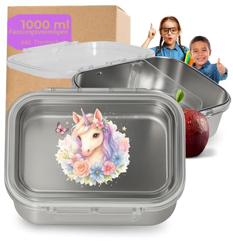 Contenitore per il pranzo per bambini, in acciaio inox, 1000 ml, con divisorio, senza BPA, per la scuola e l'asilo, con motivo unicorno