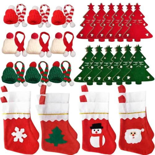 Huimai 38 Stück Mini Weihnachtsmütze und Schal Set & Nikolausstrumpf und Besteckhalter Filz, für festliche Tischdeko,Weihnachtsbaumschmuck und Weihnachtsfeier