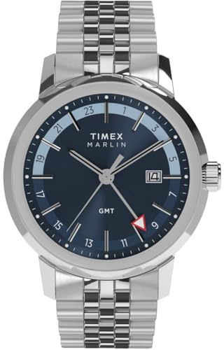 Timex Marlin TW2Y47900 - Orologio GMT al quarzo da Uomo, 40 mm, cinturino in Pelle blu Con quadrante blu e cassa in Acciaio INOX