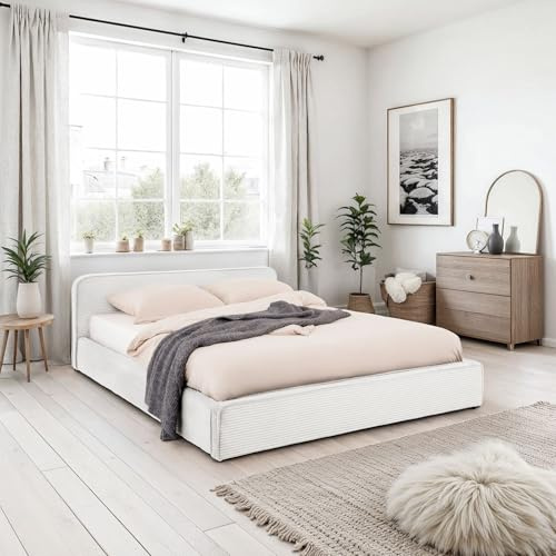 IDIMEX Polsterbett CURSIO mit Lattenrost 140x200, Off-White – Bett mit Polsterung in Cordoptik, Holzrahmen mit Metallrohr, stabiles Doppelbett inklusive Lattenrost, kleine Schwarze Kunststofffüße