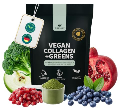 BREKKY Veganes Kollagen + Greens Pulver - vegan - Vitamin C & Superfoods | Veganes Kollagen + Greens mit hohem Vitamin-C-Gehalt & Superfoods. Vitamin C trägt zur normalen Kollagenbildung bei.