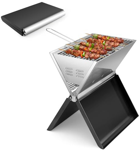 Griglia portatile a carbonella | Design pieghevole in acciaio inox per barbecue da campeggio e giardino | Griglia da tavolo compatta con facile montaggio