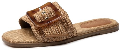 Rihero Raffia Flat Sandals for Women Slip On Beach Slides Square Toe Summer Buckle Fashion Woven Sandals Dark Brown Size 8.5