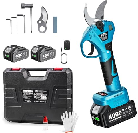 SEESII Tijeras de Podar Electricas 800W, Tijeras de Podar a Bateria con 2 Baterías de 4.0Ah, Diámetro de Corte 40mm, Cuchillas SK5, Podadora Electrica para Jardín y Agricultura