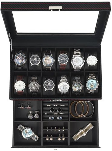 Nestwerk Uhrenbox, Schmuckkästchen Herren mit 12 Fächern, 2 Ebenen Watch Box, Uhrenkasten mit Schublade, Uhrenetui mit Glasdeckel & Schloss, Uhrenaufbewahrung, PU-Leder, Geschenke Männer-Schwarz