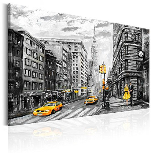 B&D XXL - Wandbilder XXL New York 120x80 cm 1 tlg - Wand Deko Vlies Leinwand Bilder Groß Wanddeko Wohnzimmer Schlafzimmer Kunstdrucke - Stad Manhattan Taxi schwarz weiß grau d-B-0173-b-a