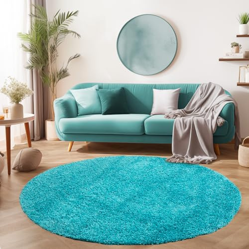 SIMPEX Flauschiger Teppich Wohnzimmer Schlafzimmer Läufer Flur Esszimmer Küchenteppich Hochflor Einfarbig Modernes Design 30 mm Florhöhe Kuschelweich, Türkis, 200 cm Rund