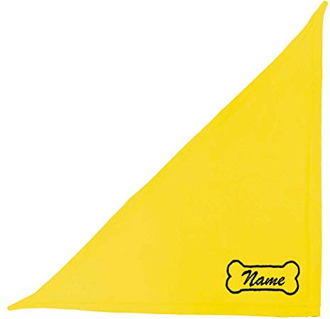 Schecker Besticktes Hundehalstuch/Dreieckstuch/Kopftuch - Motiv Knochen und Hundenamen - Gelb 65 cm