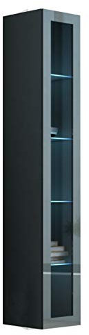Hängevitrine Vigo Glas 180, Vitrine mit Glasböden, Vitrinenschrank, Farbauswahl, Stauraumvitrine Hochschrank, Wohnzimmer Highboard, Schrank (mit RGB LED Beleuchtung, Grau/Grau Hochglanz)